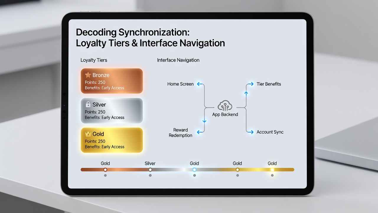 Close-up of app screen illustrating tier-based navigation flow and reward unlocking sequence
