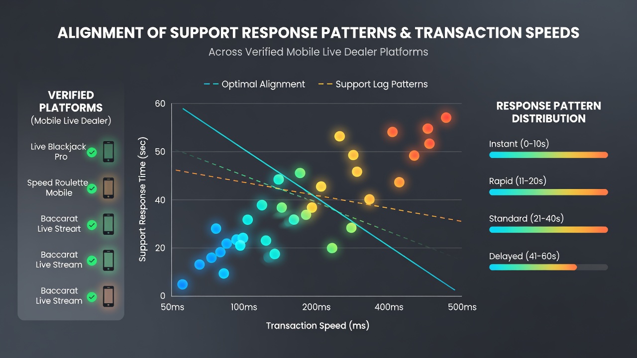 Analytics dashboard displaying support response times plotted against transaction speed metrics on a mobile live dealer platform