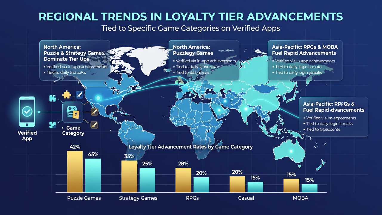 Infographic displaying loyalty tier advancement rates by game category across verified apps in major regions